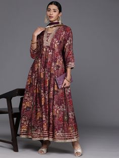 Grab this beautiful 2-piece set. The set comes with floral print & gota patti detailing anarkali kurta has v neck, 3/4th sleeves & calf length teamed with silk chiffon dupatta with lace detailing. Color - Mauve Kurta Fabric-Silk Dupatta Fabric - Silk Chiffon Neck-V Neck Sleeves-3/4th Sleeves Work - Floral Print & Gota Detailing Washing Instructions-Hand Wash DISCLAIMER - The color of the product may be differ due to screen settings of device. A misprint here and a color drop slip there is the beauty of printing which is not treated as a defect. Kurta With Dupatta, Formal Jewelry, Anarkali Kurta, Chiffon Dupatta, Silk Dupatta, Fabric Silk, Churidar, Fabric Shop, Casual Party