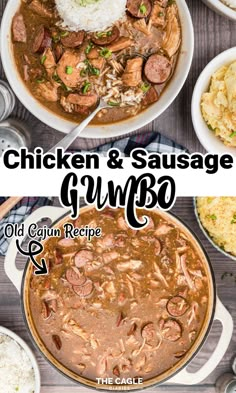 the chicken and sausage gumbo is served with rice