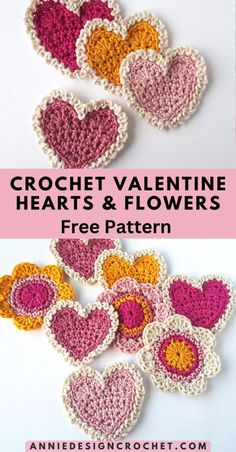 crochet valentine hearts and flowers free pattern is shown in three different colors with the text