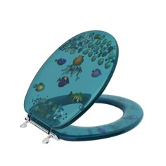 a blue toilet seat with an underwater scene on the lid and metal feet rests in front of a white background