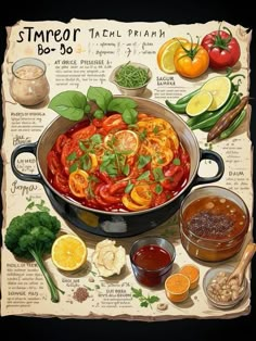 a poster with different types of food and ingredients to make it look like an old recipe book