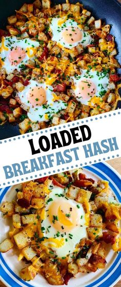 loaded breakfast hash browns in a skillet with eggs on top and bacon on the side