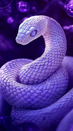 a purple snake is curled up in the middle of its body and it's eyes are open