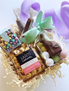 an assortment of candy and candies in a basket