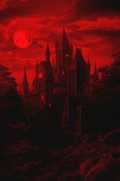 an image of a castle at night with bats flying in the sky and blood red clouds