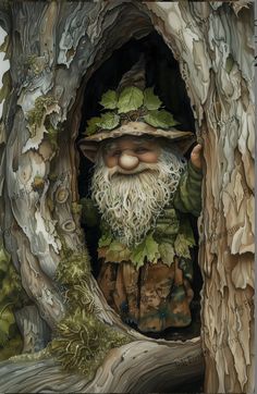 a painting of a gnome in a tree