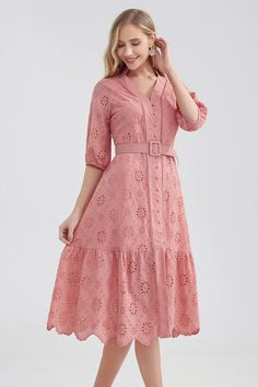 Charm comes effortlessly in a cute look like the Vacation Romance Eyelet Midi Dress! Lightweight and soft cotton blend fabric, with pierced eyelet embroidery throughout, that creates a flirty V-neckline with stand collar and half sleeves with elastic at the cuffs. A functional button placket starts at the darted bodice and continues down the A-line silhouette before ending at a midi-length hem. A matching belt at the hight waist for a cute cinched look! Cotton Blend. Partially Lined. Runs a bit