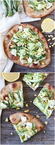 the pizza is topped with asparagus and pistachio cheese, along with lemon wedges