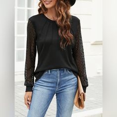 Features: Basic Style Sheer: Semi-Sheer Stretch: No Stretch Material Composition: 95% Polyester, 5% Spandex Care Instructions: Machine Wash Cold. Tumble Dry Low. Imported Product Measurements: S:Bust 37.40 In, Top Length 25.98 In M:Bust 39.37 In, Top Length 26.38 In L:Bust 41.34 In, Top Length 26.77 In Xl:Bust 44.09 In, Top Length 27.17 In Chic Textured Knit Blouse For Fall, Elegant Long Sleeve Open Knit Top, Fitted Open Knit Casual Blouse, Casual Open Knit Blouse, Chic Knit Blouse For Work, Chic Long Sleeve Open Knit Tops, Elegant Open Knit Top For Layering, Chic Knit Blouse For Layering, Chic Long Sleeve Knit Blouse