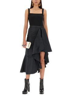 52% Viscose, 48% Acetate | Alexander Mc Queen Women's Ruffle Dress in Black | FW23/24 Mc Queen, Elastic Waist Skirt, British Design, Asymmetrical Dress, Luxury Retail, Ruffle Dress, Luxury Boutique, Women Collection, Color Splash