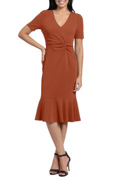 A front twist detail adds texture to a classic V-neck dress that ends in a playful ruffle hemline. 42 1/2" length V-neck Short sleeves Back zip closure Ruffle hem Partially lined Self: 96% polyester, 4% spandex; Lining: 100% polyester Machine wash Imported Model stats: 5'10" height, 32" bust, 25" waist, 36" hip. Model is wearing size Small. Flounce Dress, Learning To Sew, Daytime Dresses, Flounced Dress, Blouson Dress, Review Dresses, Lovely Clothes, Petite Dresses, Office Outfits