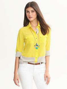 Colorblock Silk Blouse Yellow Blouse With Pockets, Yellow Workwear Tops With Pockets, Chic Long Sleeve Top With Flap Pockets, Casual Yellow Office Shirt, Casual Office Tops With Flap Pockets, Collared Blouse With Pockets For Day Out, Yellow Work Shirt With Pockets, Trendy Workwear Blouse With Pockets, Yellow Workwear Shirt With Pockets