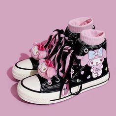 Kawaii Sweet Heart Melo High Top Canvas Shoes Size: Runs one size smaller than normal These adorable high top canvas shoes are the perfect mix of cute and trendy! The Kawaii Sweet Heart Melo design adds a touch of sweetness to any outfit, while the high top style provides extra support and comfort. Stay stylish with these must-have shoes! Kawaii My Melody, Black High Top Shoes, Hello Kitty Shoes, Back To School Shoes, Crop Top With Jeans, 90s Fashion Grunge, Kawaii Shoes, Hello Kitty Items, Black High Tops