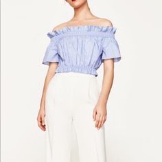 Blue And White Stripe Blue Off-shoulder Tops For Spring, Elegant Blue Tops For Spring, Summer Blue Off-shoulder Blouse, Summer White Tops For Work, White Summer Tops For Work, White Summer Tops For Workwear, Zara Blue Summer Blouse, Summer Blue Zara Blouse, Chic Zara Off-shoulder Tops