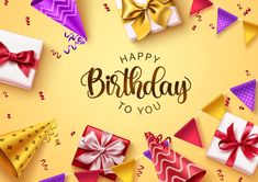 happy birthday to you greeting card with colorful gift boxes and bows on yellow background illustration