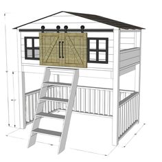 a drawing of a loft bed with stairs and ladders to the top level,