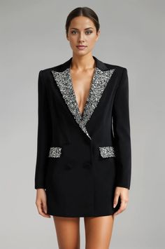 Elevate your wardrobe with the Rezi Rhinestone Blazer Dress. This black long blazer boasts a double-breasted design, complete with rhinestone-covered pockets and lapels. Versatile and luxurious, wear it as a dress or as a statement blazer. Add a touch of sparkle to any occasion. Elasticity: Non Stretch Material: Polyester, Cotton Closure Type: Double Breasted Care: Dry Clean Rhinestone Blazer, Statement Blazer, Shoes For Leggings, Long Blazer, Mens Eyewear, Beret Hat, Black Mini Dress, Eyewear Womens, Notched Collar