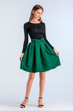 Material: Polyester, Cotton • Dresses Length: Knee-Length • Style: Casual • Decoration: Bow • Silhouette: A-Line • Waistline: Empire • Type: Solid Green A-line Dress With Lined Skirt, Casual Green Dress With Flared Skirt, Chic Green Skirted Dress, Knee-length Green Skirt For Fall, Green Knee-length Skirt For Fall, Green Knee-length Fall Skirt, Green Skirted Dress For Party, Green A-line Skirt For Party, Green Skirted Party Dress