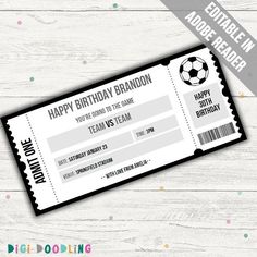 a birthday party ticket with the words happy birthday brandon and a soccer ball on it