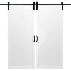 an open sliding door with black hardware and white painted woodgrained pattern on the doors