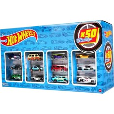 the hot wheels display case has four cars in it and is blue with white lettering