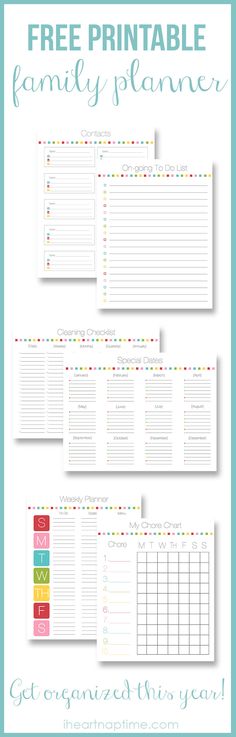 the free printable family planner is shown in three different colors and sizes, including one with