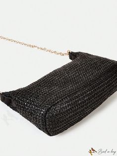 BirdinBag - Classy Black Vacation Zippered Medium Straw Bag with Minimalist Design Black Rectangular Baguette Bag With Chain Strap, Minimalist Black Crossbody Baguette Bag, Minimalist Black Baguette Crossbody Bag, Black Tote Straw Bag For Evening, Black Shoulder Straw Bag With Detachable Strap, Black Straw Crossbody Bag With Detachable Strap, Black Straw Crossbody Bag With Adjustable Strap, Summer Black Rectangular Clutch, Black Baguette Clutch Bag With Adjustable Strap