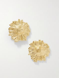 Inspired by their Greek heritage, Alexia and Stalo Karides founded YSSO to "showcase a harmonious fusion of the past and present". Named after the Ancient Greek God 'Ilios', these lightweight earrings have been hand-carved in Athens from gold-plated metal in the form of the sun. Their statement size and polished finish will bring a radiant glow to your complexion. Big Gold Wedding Earrings, Shuffle Cutouts, Gold Wedding Earrings, Common Era, Greek Heritage, Ear Party, Crocodile Bags, Greek Jewelry, Gold Sun