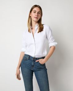 The Icon is the shape that started it all — think 'collared shirt' in its purest form — with a classic, scaled-down point collar and a slim cut. Dead-simple, dead chic. The fabric is beautiful, too. We've long used an around-the-office portmanteau for it (royal + oxford = roxford,) since it’s lighter and dressier than a traditional oxford, with a more defined texture and a slight glow to the surface. Ann Mashburn, Clothing Catalog, Buckle Shoes, Sweater Gift, Liberty Fabric, Collared Shirt, Sweater Pants, Blue Shirt, Sweater Weather