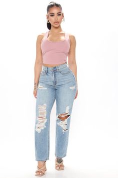 Available In Medium Blue Wash. 90's Boyfriend Jean Non Stretch Denim 28" Inseam 11" Rise High Waist 5 Pocket Distressed Disclaimer: Due To The Specialized Wash & Distressing Process Each Garment Is Unique 100% Cotton Imported Boyfriend Jeans Outfits, Rip Jeans, Boyfriend Jeans Outfit, Stephanie Rao, 90s Jeans, Maxi Dress Pattern, Distressed Boyfriend Jeans, Boyfriend Jean, Ribbed Mini Dress