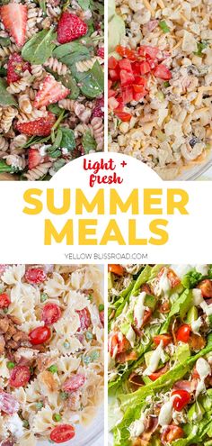 the four images show different types of salads with text overlay that reads light and fresh summer meals