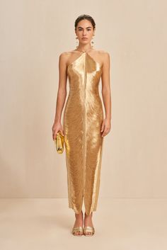 RENATA GOWN - GOLD – CULT GAIA Fringe Long Dress Formal, Gold Metallic Bridesmaid Dresses, Metallic Gown Haute Couture, Roaring 20s Gala Dress, Gold Wedding Party Attire, Gold Dress Accessories, Gold Wedding Guest Dress, Metallic Wedding Dress, Gold Party Outfit