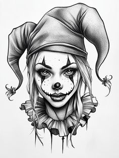 a black and white drawing of a clown with long blonde hair, wearing a hat