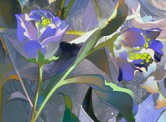 an abstract painting of purple flowers and leaves