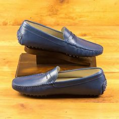 Custom Made Men's Driving Loafer in Navy Blue Painted Calf Leather Elegant Blue Slip-on Moccasins, Blue Leather Moccasins For Office, Blue Round Toe Moccasins For Galas, Formal Blue Moccasins With Leather Sole, Blue Almond Toe Moccasins For Business, Business Blue Almond Toe Moccasins, Blue Almond Toe Formal Moccasins, Formal Blue Almond Toe Moccasins, Blue Almond Toe Moccasins For Formal Occasions