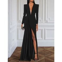 Silhouette:A-Line; Hemline / Train:Sweep / Brush Train; Closure:Zipper UP; Built-In Bra:No; Embellishment:Pleats,Slit; Fabric:Stretch Fabric; Sleeve Length:Long Sleeve; Tips:Colors may vary slightly due to different monitor settings,Professional dry cleaner only; Boning:No; Style:Elegant; Occasion:Formal; Neckline:V Neck; Front page:Evening Gown; Listing Date:10/11/2023; Bust:; Hips:; Hollow to Floor:; Waist: Elegant Long Sleeve Black Dress, Black Long Dress Bridesmaid, Black Tie African Attire, Elegant Maid Of Honor Dresses, Best Dresses For Small Bust, Black Dress For Big Bust, Makeup With Black Dress Classy, Black Tie Old Money Dress, 2024 Christmas Party Dress