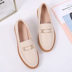 Retro loaferflate small leather light-mouthed shoes Trendy Low-top Platform Loafers For Office, Trendy Low-top Loafers For Office, Trendy Slip-on Oxfords With Rubber Sole, Spring Office Leather Shoes With Round Toe, Trendy Beige Round Toe Loafers, Trendy Beige Loafers With Round Toe, Spring Low-top Leather Office Shoes, Trendy Beige Leather Platform Loafers, Trendy Flat Heel Leather Shoes