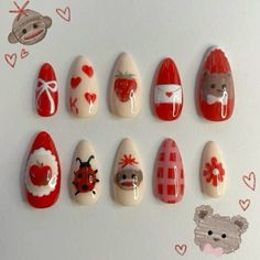 Christmas Nails Different Colors, Red Apple Nails, Each Nail Different Design, Veggie Nails, Fruit Themed Nails, Elmo Nails, Naik Designs, Cute Nails Red