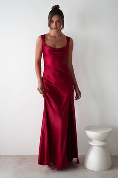 Riviera Soft Satin Maxi Gown | Berry Red Classic Fitted Prom Evening Dress, Formal Satin Finish Evening Dress With Cowl Back, Formal Gown For Prom Season With Straight Neckline, Formal Gown With Straight Neckline For Prom, Satin Gown With Straight Neckline For Prom, Prom Evening Dress With Fitted Bodice And Straight Neckline, Prom Evening Dress With Ruched Bodice And Straight Neckline, Solid Color Formal Gown For Prom Season, Formal Solid Color Gown For Prom Season