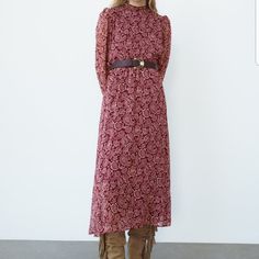 30...14, 18, 14 To 18, 50 Nwt Size S, Zara Dark Red Floral Printed Belted Dress Shoulder 14, Bust 36, Elastic Waist 28 To 36, Length 50 Inch, Non Stretchy Fabric, Bosy Linened, Button Closure At Back Collar Original Price $69.9 Chic Winter Floral Print Midi Dress, Winter Floral Print Midi Dress, Red Floral Print Dress For Winter, Red Floral Print Midi Dress For Fall, Feminine Red Floral Print Midi Dress, Spring Midi Length Dress In Burgundy, Red Floral Print Midi Dress, Chic Burgundy Midi Dress For Spring, Burgundy Long Sleeve Dress For Spring