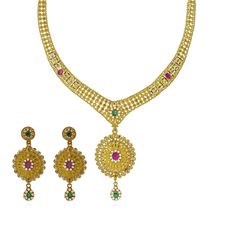 22K Yellow Gold Necklace Set W/ Emeralds, Rubies, CZ Gems & Large Flower Pendants - Virani Jewelers 22k Gold Jeweled Necklace, Yellow Gold Jeweled Necklace, Elegant Multicolor 22k Gold Necklaces, Festive Jeweled Yellow Gold Necklaces, Festive Yellow Gold Jeweled Necklaces, Festive Jeweled Yellow Gold Necklace, Gold Bridal Necklace With Diamond Stones, Gold Diamond Jeweled Necklace, Gold Diamond Necklace With Jeweled Detail