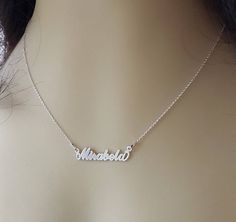 This name necklace sterling silver is ready to ship next day. Hallmarked 925  sterling silver chain, with laser cut name. This personalized name necklace is a beautiful everyday necklace. It's unique and makes an awesome personalized gift. * Ready to ship stocks: Aoibhe, Ema, Megan, Sinead, Princess, Adelina, Cerasela, Luca, Rodica, Mom, Aliona, Patrick, Alex, Clau, Sister, Mother, Daughter, Bridesmaid, Rebecca, Sophie, Stephanie, Aoife, Jessica, Niamh, Caoimhe, Aisling * High quality 925 Sterli Sterling Silver Custom Name Necklace In Silver, Sterling Silver Necklace With Custom Name In Silver, Sterling Silver Necklace With Custom Name, Adjustable Sterling Silver Name Charm Necklace, Adjustable Sterling Silver Nameplate Necklace, Silver Custom Name Necklace For Wedding, Adjustable Sterling Silver Name Charm Necklaces, Customized Silver Name Necklace For Wedding, Personalized Silver Name Necklace For Wedding