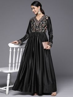 Black floral embroidered gown dressV-neckLong, regular sleevesThread work detailMaxi length in flared hem Floral Embroidered Gown, Western Outfits Men, Max Fashion, Maxi Dresses For Women, Embroidered Maxi Dress, Ethnic Dress, Satin Maxi, Thread Work, Western Outfits