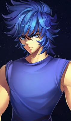 an anime character with blue hair wearing a purple shirt