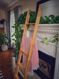 a ladder leaning up against a fireplace in a living room next to a potted plant