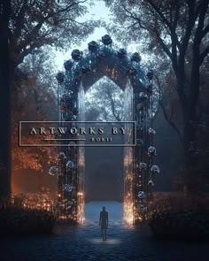 a man is standing in front of an arch with lights on it and the words artwork works