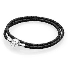 From Pandora, this black double-layer, woven leather bracelet with a sterling silver round clasp is a must-have to add to your Collection. Add a few charms to make it yours! This bracelet measures 13.8inches. Pandora Style#: 590745CBK-D1