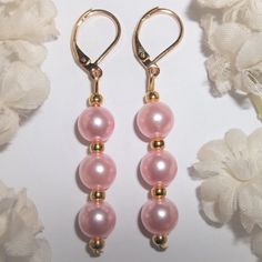 Pink And Gold Earrings, Pink Pearl Earrings, Earrings, Pearls, Earring Set C566 This Beaded Earring Set Is Brand New Nwt And Handmade By Me - Wvluckygirl. Done With Pink Colored Faux Freshwater Pearl Acrylic Beads And Gold Toned Costume Jewelry Beads. The Pair Dangle And Drop From Lever Backs For Her Pierced Ears. Measure 2 Inches Tall And Almost 3/8 Inch Wide. Each Single Earring Weighs 1.4 Grams. Very Lightweight! Buy Them Now Before Someone Else Does! Dangly Dangling Fashion Accessory Pearly Elegant Hypoallergenic Pink Gold Earrings, Hypoallergenic Pink Gold Earrings Gift, Pink Gold Earrings With Ear Wire For Gift, Feminine Party Earrings With Ear Wire, Elegant Pink Dangle Hoop Earrings, Hypoallergenic Round Pink Gold Earrings, Hypoallergenic Pink Gold Round Earrings, Elegant Pink Gold Hypoallergenic Jewelry, Elegant Hypoallergenic Pink Gold Jewelry