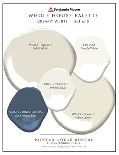 some white paint colors with blue and gray on the bottom one is from benjamin moore's whole house palette