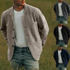 Winter Cotton Single Breasted Sport Coat, Winter Sport Coat With Pockets And Long Sleeves, Winter Casual Button-up Sweater Coat, Casual Long Sweater Coat, Casual Solid Color Single Breasted Outerwear, Casual Solid Pea Coat With Lapel Collar, Single Breasted Long Sleeve Sweater Coat, Casual Button-up Sweater Coat For Winter, Casual Long Sleeve Outerwear With Button Cuffs